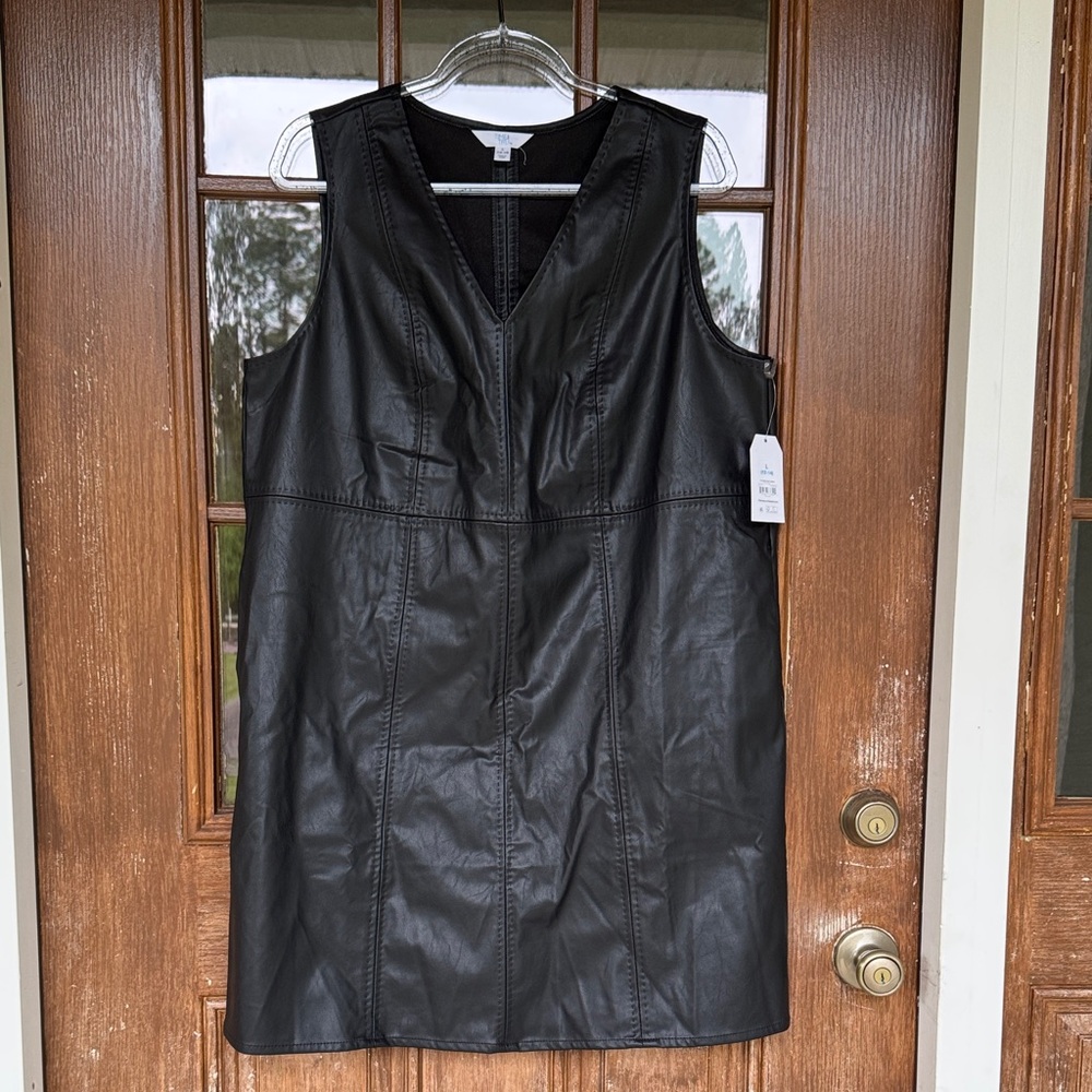 Sleeveless Black Faux Leather V-Neck Dress